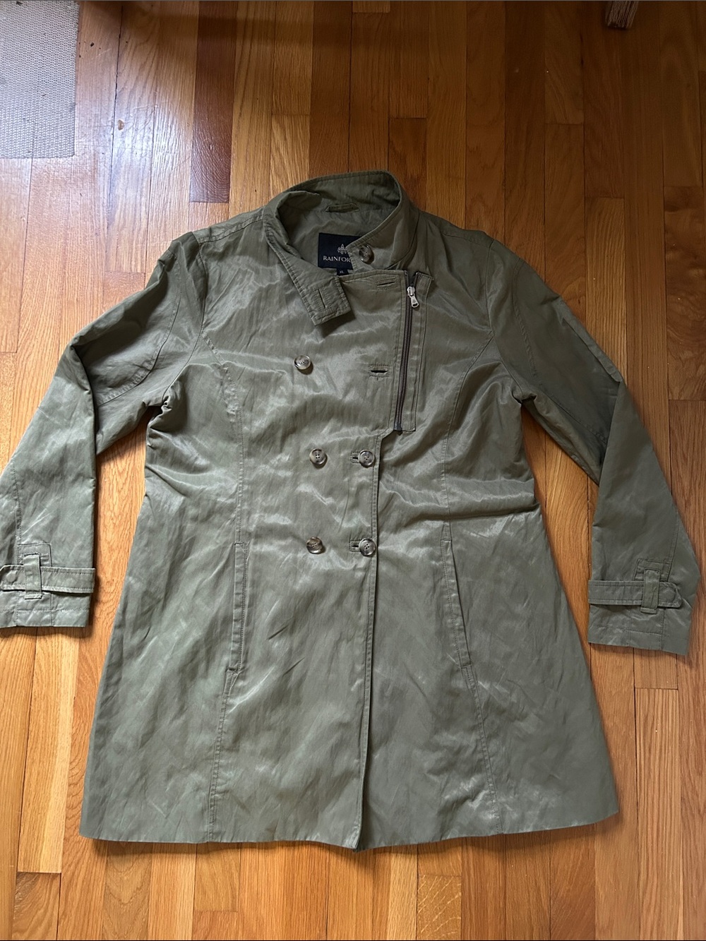 Rainforest Olive Green Cotton Trench/Motto Coat Size XL Asymmetrical Zip Front